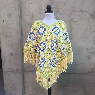 VTG Handmade Granny Square Crochet Blanket Poncho Fringe Boho Hippie • $34.50