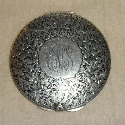 Vintage 800 Silver Ornate Etched Round Compact Monogram • $115