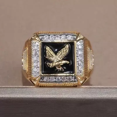 Mens Ring Gold Silver Stainless Steel Eagle Black Gemstones CZ Jewellery Gift UK • £7.99