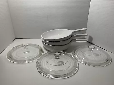 (3) Vtg Corning Ware 7  Skillets MW-83-B Microwave Browning Dish W/Pyrex Lids • $34.99