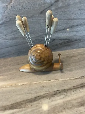 6 Mid Century Olive Wood Martini Escargot Snails Picks Cheese Carving Rest Forks • $50