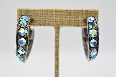 YSL Vintage Crystal Clip Earrings Blue Aurora Borealis Hoops Signed 1980s Bin1 • £205.22