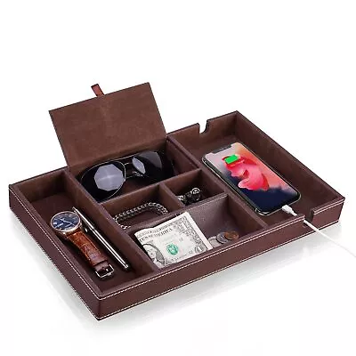 Men's Lethear Valet Tray Nightstand Organizer With Phone Charging Station • $39.15