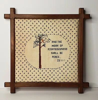 Vintage Cross Stitch Needlepoint Completed Criss Cross Framed / Isaiah 32:17 • $29