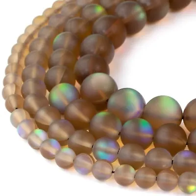 Matte Brown Mystic Aura Round Beads 15  Strand Frosted Mermaid Glass Moonstone • $7.20