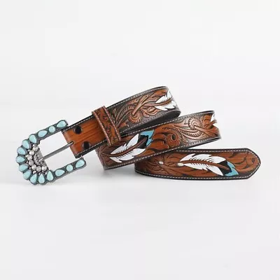 Western Leather Belt Cowboy Rodeo Casual Leather Belt Floral Embossed • $24.39