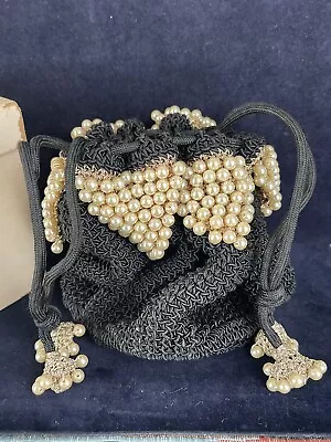 Vintage 40s Black Golden Beaded Crochet Corde Drawstring Purse • $68