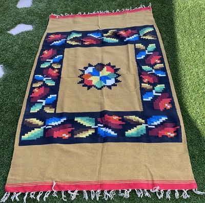 $90 • Buy Zapotec Oaxacan 83x50  Hand Woven Geometric Pattern Tapestry Rug Wool Wall Brown