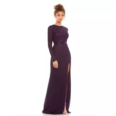 MAC DUGGAL Dress Size 10 Evening Gown Sequin Beaded High Neck Purple Aubergine • $240