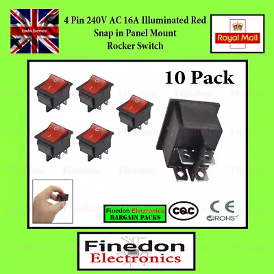 10x Rocker Switch 16A 240V 20A 125V RED ON-OFF Double Pole 4 Pin ILLUMINATED 4 • £20.98