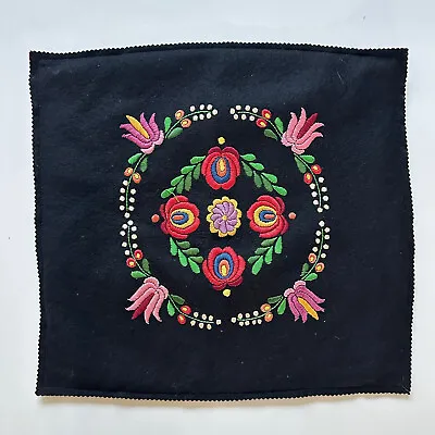 Vtg  Hungarian  MATYO Hand Embroidered Felt Fabric Pillow Case Black Red • $50