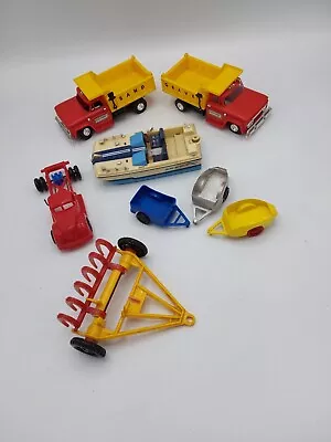 VINTAGE  IDEAL VEHICLES LOT OF 8- 3 Dump Trucks Plow 3 Small Trailers Boat • $15.50