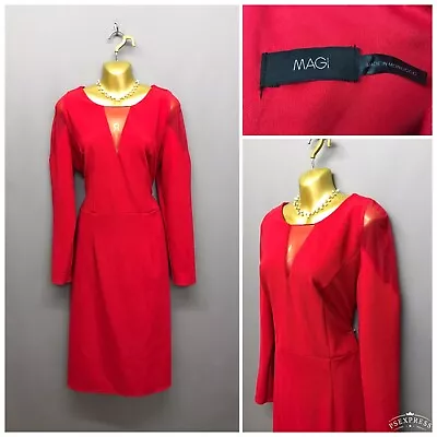 MAGI SCULPT Red Sheer Smart Sheath Occasion Dress UK 18 EUR 46 US 4 Jersey • £11.95