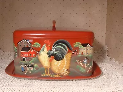 Vintage Large Cake Cover Hand Painted Folk Art Rooster Hen Country Farms • $75