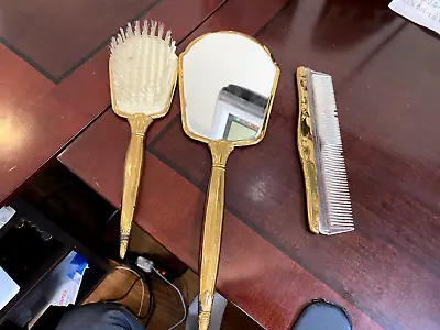 Vintage Vanity Set Hair Brush And Hand Mirror AND Comb Gold Plated Floral • $34.99