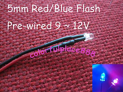 10pcs 5mm Red Blue Flash Flashing 9V 12V DC Pre-Wired Water Clear LED Leds 20CM • $4.50