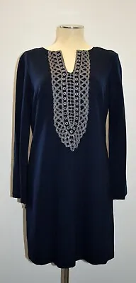BNWT NICOLE MILLER L/S Navy Blue Ponte Knit Split Neck Tunic Dress L RTL $300 • $42