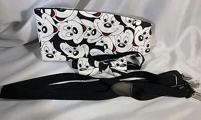 Mickey Mouse Pre-Tied Bow Tie And Cummerbund White Cartoon Suspenders • $35