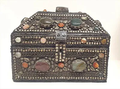 Moroccan Jeweled Box Jewelry Trinket Wedding Silvered Chest Vintage Stone Metal • $245