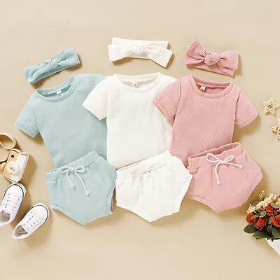 3PCS Newborn Baby Girl Romper Bodysuit Tops Shorts Headband Outfits Clothes Set • $27.49