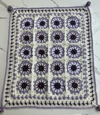 Crochet Granny Square Small Rectangle Blanket In White And Purple Handmade • £12.50