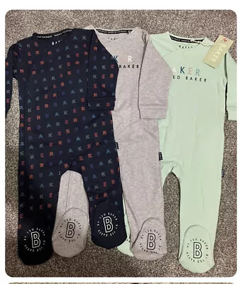 BNWT Ted Baker Baby Boy Toddler 3 Pack Sleepsuits Babygrows Size 18-24 Months • £29.50