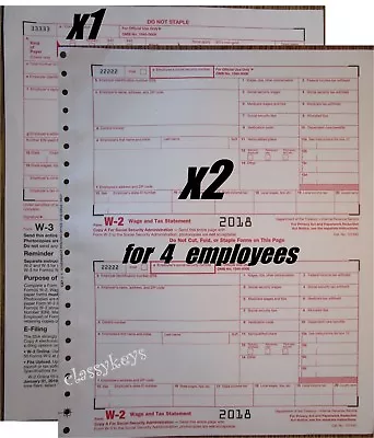 2018 IRS Tax Forms W-2 Wage Stmts 6-pt CARBONLESS For 4 Employees+(1)W3 NO Env • $9.98