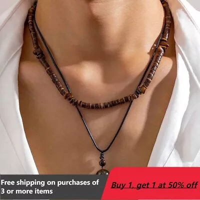 Mens Wood Stone Beaded Necklace Pendant Surfer Style Beach Gift For Him Men Boys • $5.99