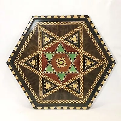 Vintage Hexagonal Spanish Marquetry Serving Tray Lacquered Mosaic Wood Inlay 13  • $175.50