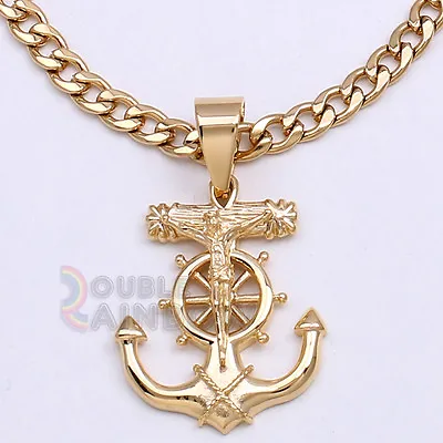 8P37 Men's Stainless Steel Gold Anchor Jesus Cross Pendant Cuban Necklace Chain • $15.49