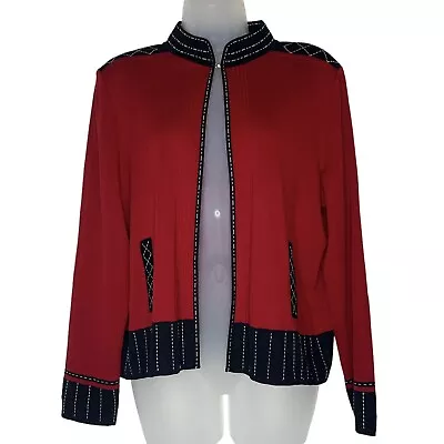 MING WANG Sz L Red & Black Single Clasp Lightweight Stretch Knit Cardigan Jacket • $39.50