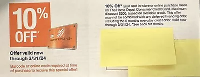 Home Depot Coupon 10% Off Coupon- In-Store Or Online  Exp 03/31/24 Fast Delivery • $11