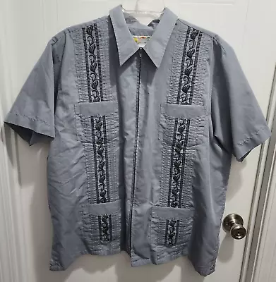 The Genuine Haband Guayabera Embroidered Short Sleeve Full Zip Cuban Shirt Sz L • $15.99