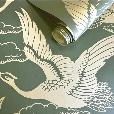 Flying Cranes Holden Wallpaper Metallic Gold Green 13431 Elegant Glistening Sky • £7.99