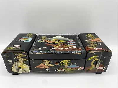Japanese Vintage Hand Painted Black Lacquer Music Jewelry Box W/Mirror 11x5x3.5 • $33.98