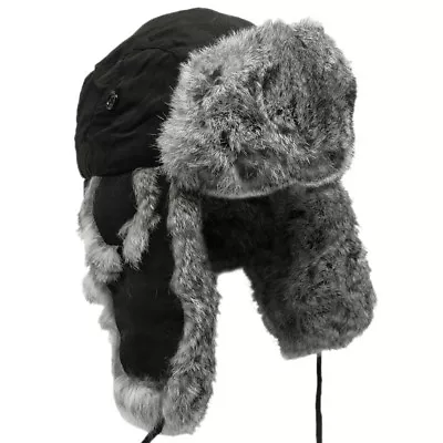 Extra Warm Black Trapper Hat Russian Winter Cap Ear Flaps Grey Rabbit Fur S-xl • £31.95