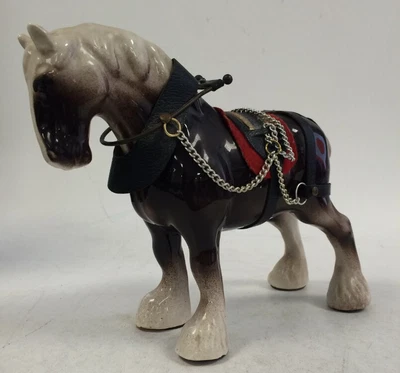 £9.99 • Buy Vintage Ceramic Brown Shire Horse Ornament Figurine With Old Cart Harness Kit