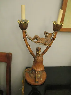 Tropical_Lamp W Monkey In Hammock_Tiki Light_Faux Bamboo_MAITLAND-SMITH STYLE • $165