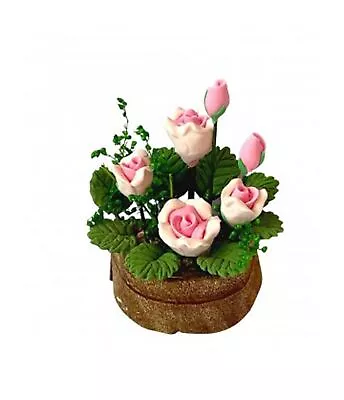 Dollhouse Pink Roses In A Half Moon Tub Miniature Flowers Garden Accessory • $8.50