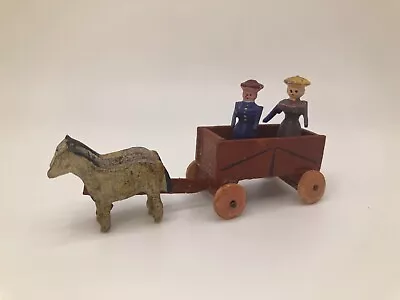 Vintage German Erzgebirge Wagon Horse Drawn + People Figures Wooden Toy Lot • $28