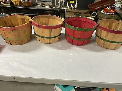 Vtg Red Green  Wooden Apple Picking Gathering 1/2 Bushel Basket Wood Handle  • $15