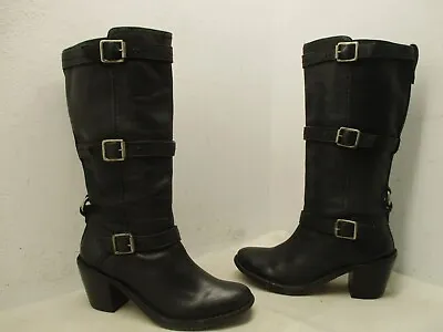 FRYE Black Leather Buckle Mid Calf Biker Boots Womens Size 7 B Style 77852 • $89.95