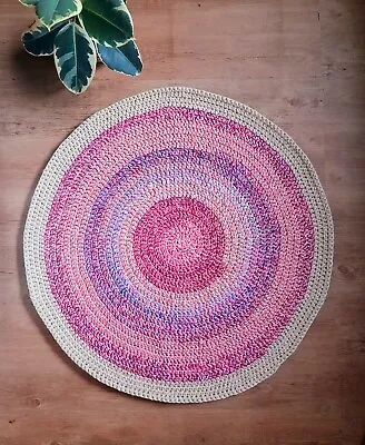 Crochet Pink & Multicolour Round Rag Rug Wool & Jute 85cm Handmade 🌷 • £29