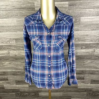 AMERICAN EAGLE Vintage Boyfriend Blue/Pink Plaid Flannel Shirt Women's Small • $13.50