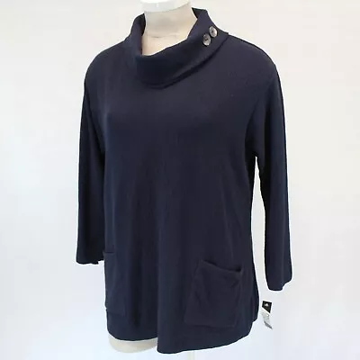 Margaret Winters Crunchy Cotton Long Cowl Neck Sweater Blouse Navy 1X • $79.99