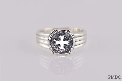 Sterling Silver Circle Inlaid Maltese Cross Ribbed Band Ring 925 Sz: 10 • $37.50