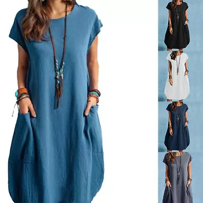 $26.16 • Buy Womens Short Sleeve Cotton Linen Loose Baggy Dress Kaftan Midi Dresses Plus Size