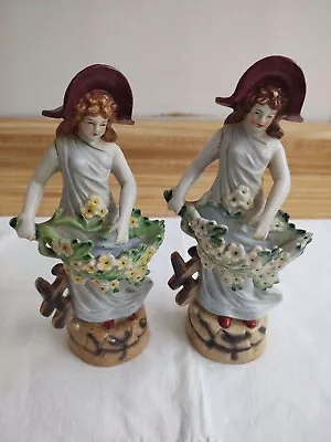 Vtg. Made In Occupied Japan/Japan Ceramic Figurines Pair Women With Flowers. • $40