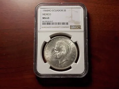 1944 Ecuador 5 Sucres Silver Coin NGC MS-63 • $59