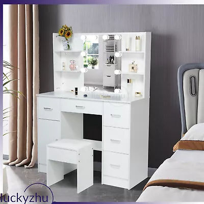 Dressing Table Vanity White W/Hollywood LED Mirror Stool Drawers Set Makeup Desk • £160.80